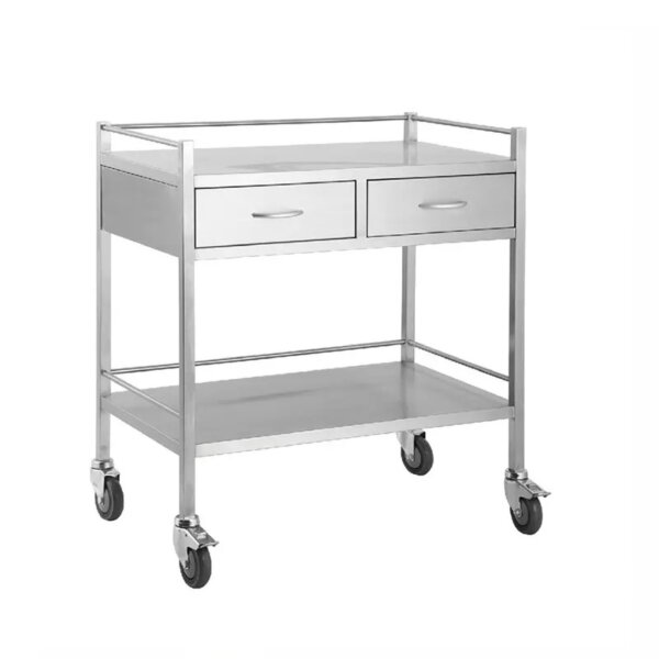 carrinho inox 2 bandejas com varanda 02 gavetas